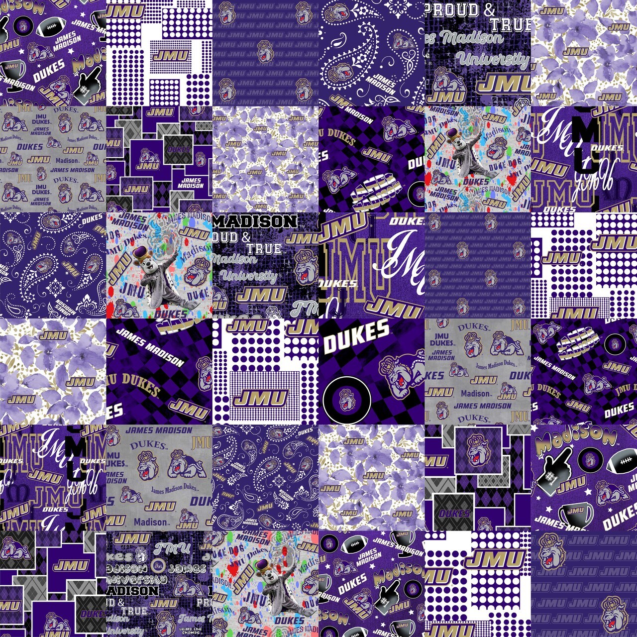 Sykel Enterprises-James Madison University Cheater Quilt Printed Cotton Fabric-JMU Dukes Cotton Fabric with Patchwork Cheater Quilt Print-60” Width